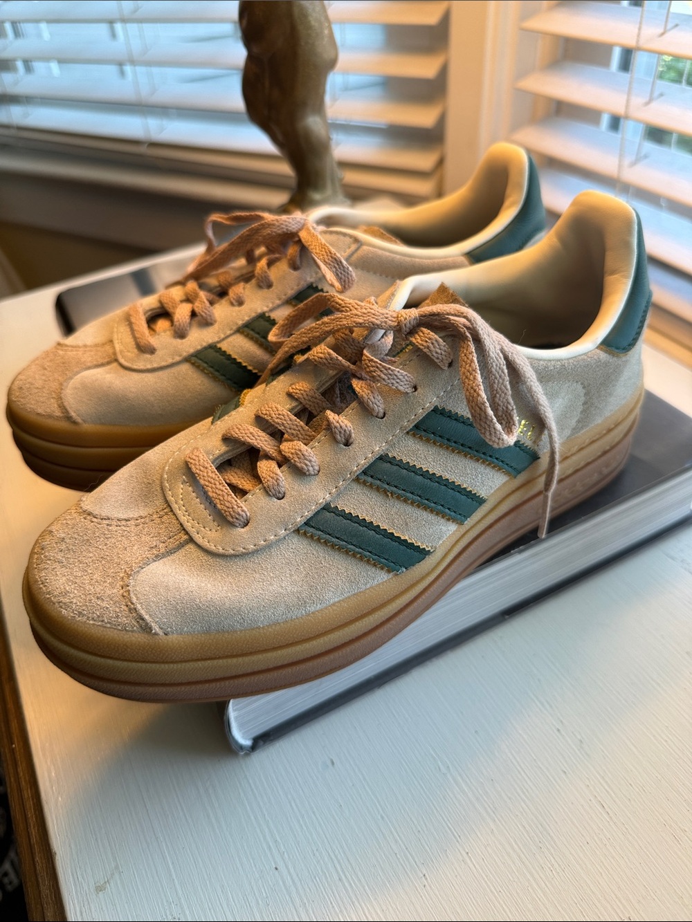 adidas Beige Suede Sneakers with Green Stripes gazelle platform size 6